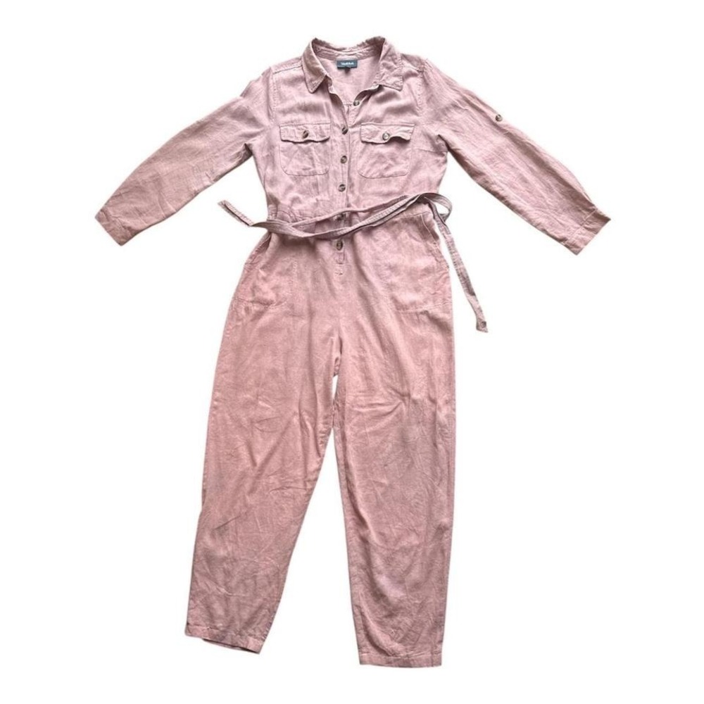 ModCloth Pink Linen Blend Utility Jumpsuit Wide Leg Belted Size L